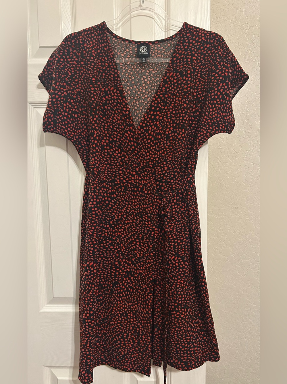 bobeau Black Dress with Red Spot Print Midi Wrap